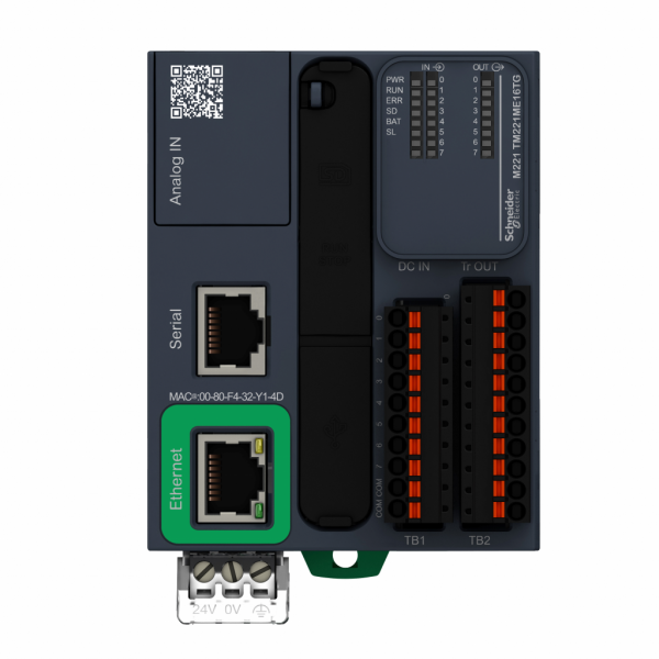 Modicon M221 - Book - contrôleur 16E/S PNP, port Ethernet+série, 24VCC, ressort - H90mmxL70mmxP70mm - 8 entrées TOR, 4 entrées rapides - 2 entrées analogiques 0...10 V - 8 transistors, 2 sorties rapides - courant de sortie logique : 0,5A - visuel 1