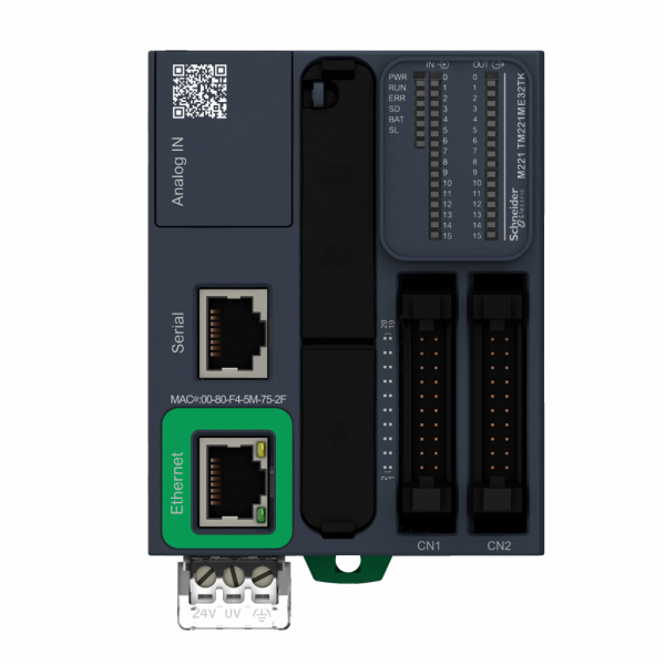 Modicon M221 - Book - contrôleur 32E/S PNP, port Ethernet+série, 24VCC, HE 10 - H90mmxL70mmxP70mm - 16 entrées TOR, 4 rapides - 2 entrées analogiques 0...10 V - sorties TOR : 16 transistors, 2 sorties rap. - courant de sortie logique : 2A - visuel 1