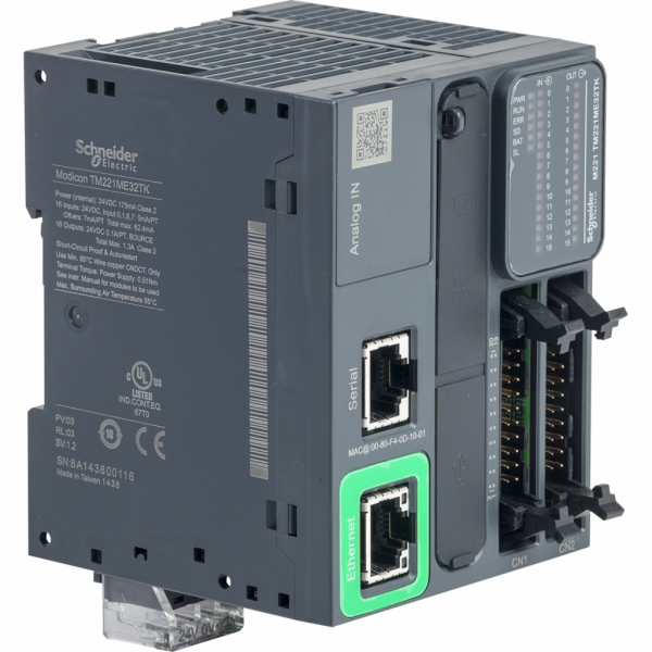 Modicon M221 - Book - contrôleur 32E/S PNP, port Ethernet+série, 24VCC, HE 10 - H90mmxL70mmxP70mm - 16 entrées TOR, 4 rapides - 2 entrées analogiques 0...10 V - sorties TOR : 16 transistors, 2 sorties rap. - courant de sortie logique : 2A - visuel 2