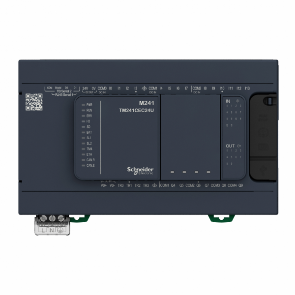 Modicon M241 - contrôleur logique - 24E/S PNP+relais - 2 ports série - 100/240VCA - IP20 - H90mmxL150mmxP95mm - 14 entrées TOR, 8 entrées rapides - sorties : 6 relais, 4 transistors 4 sorties rapides - visuel 1