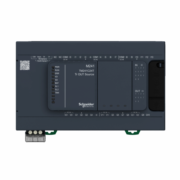 Modicon M241 - contrôleur logique - 24E/S PNP - 2 ports série - 24VCC - IP20 - H90mmxL150mmxP95mm - 14 entrées TOR, 8 entrées rapides - sorties : 10 transistors 4 sorties rapides - visuel 1