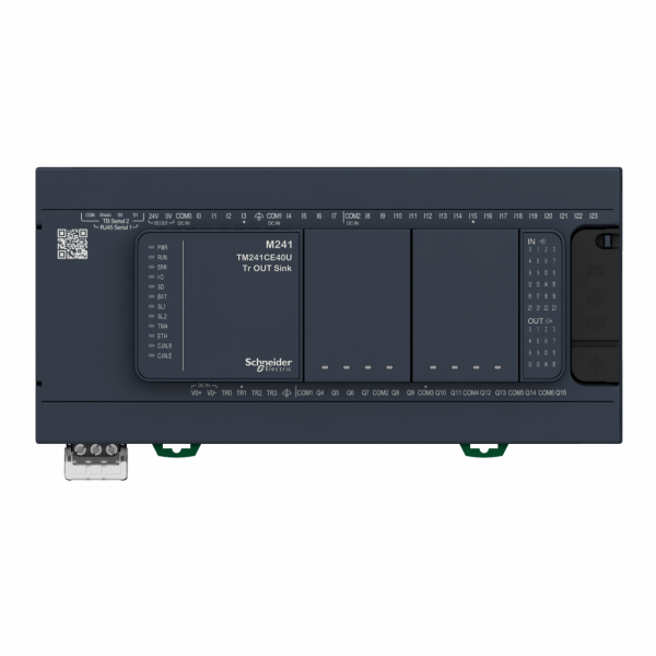 Modicon M241 - contrôleur logique - 40E/S PNP+relais - 2 ports série - 100/240VCA - IP20 - H90mmxL190mmxP95mm - 24 entrées TOR, 8 entrées rapides - sorties : 12 relais, 4 transistors 4 sorties rapides - visuel 1