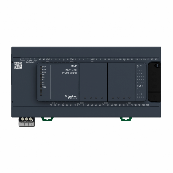 Modicon M241 - contrôleur logique - 40E/S PNP - 2 ports série - 24VCC - IP20 - H90mmxL190mmxP95mm - 24 entrées TOR, 8 entrées rapides - sorties : 16 transistors 4 sorties rapides - visuel 1