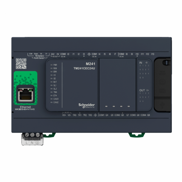 Modicon M241 - contrôleur 24E/S PNP+relais, ports Ethernet+2 série, 100/240VCA - H90mmxL150mmxP95mm - 14 entrées TOR, 8 rapides - sorties TOR : 6 relais, 4 transistors, 4 sorties rapides - visuel 1