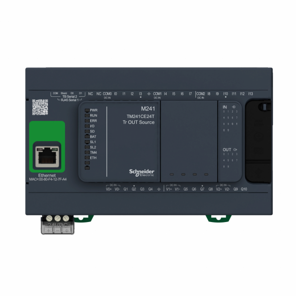 Modicon M241 - contrôleur 24E/S PNP, ports Ethernet+2 série, 24VCC - H90mmxL150mmxP95mm - 14 entrées TOR, 8 rapides - sorties TOR : 10 transistors, 4 sorties rapides - visuel 1