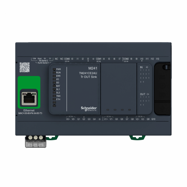 Modicon TM - Modicon M241, contrôleur 24E/S NPN, ports Ethernet+2 série, 24VCC - H90mmxL150mmxP95mm - 24 entrées, sorties TOR - 8 entrées rapides - courant de sortie logique : 0,5 A pour sortie transistor, 0,1 A pour sortie rapide - IP20 - visuel 1