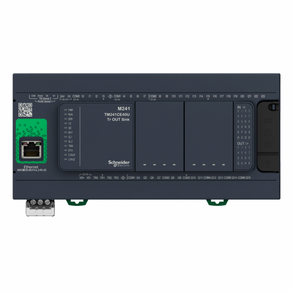Modicon M241 - contrôleur 40E/S PNP+relais, ports Ethernet+2 série, 100/240VCA - H90mmxL190mmxP95mm - 24 entrées TOR, 8 rapides - sorties TOR : 12 relais, 4 transistors, 4 sorties rapides - visuel 1