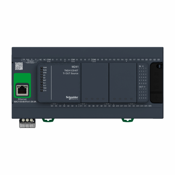 Modicon M241 - contrôleur 40E/S PNP, ports Ethernet+2 série, 24VCC - H90mmxL190mmxP95mm - 24 entrées TOR, 8 rapides - sorties TOR : 16 transistors, 4 sorties rapides - visuel 1