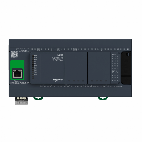 Modicon M241 - contrôleur logique - 40E/S NPN - ports Ethernet+2 série - 24VCC - IP20 - H90mmxL190mmxP95mm - 24 entrées TOR, 8 entrées rapides - sorties : 16 transistors 4 sorties rapides - visuel 1