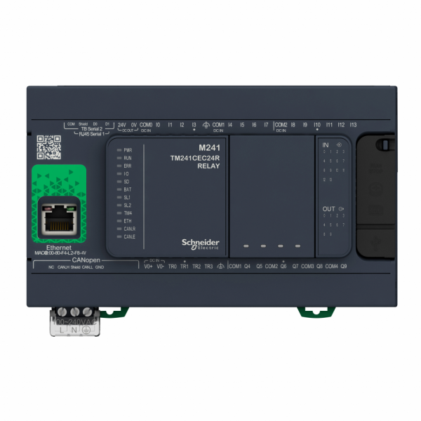 Modicon M241 - contrôleur 24E/S PNP+relais, ports Ether+CAN+2 série, 100/240VCA - H90mmxL150mmxP95mm - IP20 - sortie logique : transistor, relais - visuel 1