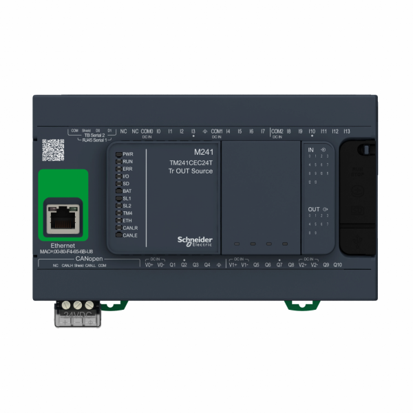 Modicon M241 - contrôleur 24E/S PNP, ports Ether+CAN+2 série, 24VCC - H90mmxL150mmxP95mm - 14 entrées TOR, 8 rapides - sorties TOR : 10 transistors, 4 sorties rapides - visuel 1