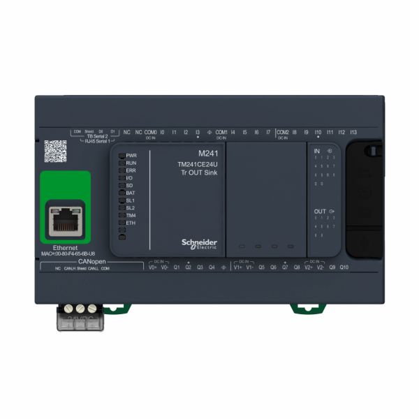 Modicon M241 - contrôleur logique - 24E/S NPN - ports Ether+CAN+2 série - 24VCC - IP20 - H90mmxL150mmxP95mm - 14 entrées TOR, 8 entrées rapides - sorties : 10 transistors 4 sorties rapides - visuel 1