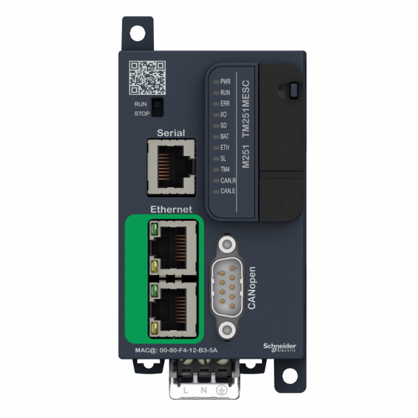 Modicon M251 - contrôleur, ports Ethernet+CANopen maître+série, 24VCC - H90mmxL54mmxP95mm - 7 modules d'extension E/S maxi (local architecture E/S), 14 (distant architecture E/S) - limite de la tension d'alimentation : 20,4…28,8 V - visuel 1