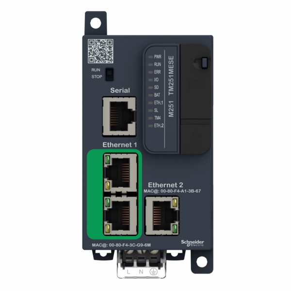 Modicon M251 - contrôleur, ports Ethernet+série, 24VCC- H90mmxL54mmxP95mm - nombre de module d'extension E/S maxi : 7 (local architecture E/S), 14 (distant architecture E/S) - limite de la tension d'alimentation : 20,4…28,8 V - visuel 1