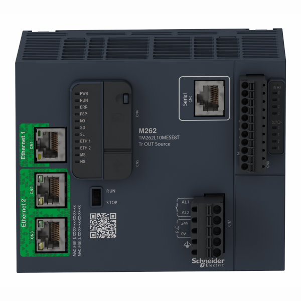 Modicon M262 - contrôleur logique - 5ns/inst - Ethernet RJ45 - 2 adresses IP - 8 E/S TOR - 24 V CC - 15...20 % - limites de la tension d'alimentation : 20,4…28,8 V CC - puissance consommée par le PLC : 82 W - IP20 - visuel 1