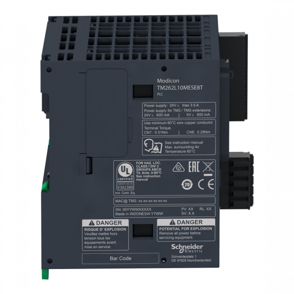 Modicon M262 - contrôleur logique - 5ns/inst - Ethernet RJ45 - 2 adresses IP - 8 E/S TOR - 24 V CC - 15...20 % - limites de la tension d'alimentation : 20,4…28,8 V CC - puissance consommée par le PLC : 82 W - IP20 - visuel 3