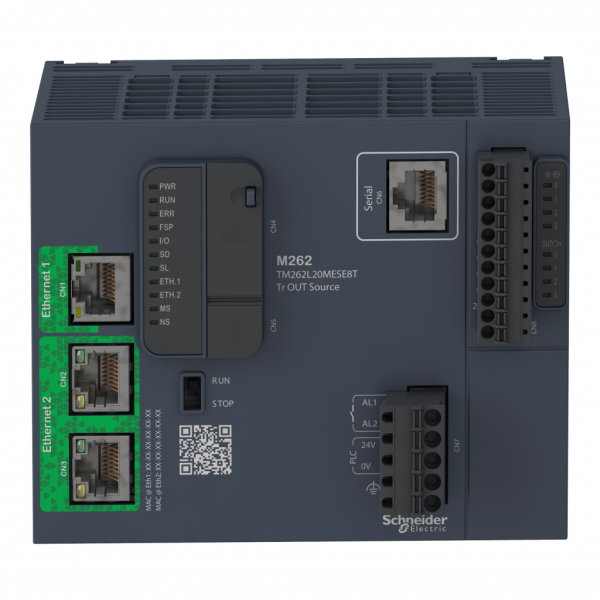 Modicon M262 - contrôleur logique - 3ns/inst - Ethernet RJ45 - 2 adresses IP - H100mmxL125mmxP90mm - 8 E/S TOR - 24 V CC - 15...20 % - limites de la tension d'alimentation : 20,4…28,8 V CC - puissance consommée par le PLC : 82 W - IP20 - visuel 1