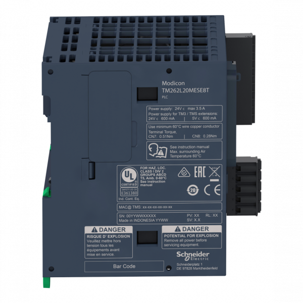 Modicon M262 - contrôleur logique - 3ns/inst - Ethernet RJ45 - 2 adresses IP - H100mmxL125mmxP90mm - 8 E/S TOR - 24 V CC - 15...20 % - limites de la tension d'alimentation : 20,4…28,8 V CC - puissance consommée par le PLC : 82 W - IP20 - visuel 3