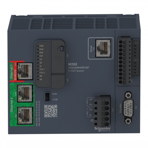 Modicon M262 - contrôleur logique et motion 8 axes - Ethernet RJ45 - 2 adr. IP - 8 E/S TOR - 24 V CC - 15...20 % - H100mmxL125mmxP90mm - limites de la tension d'alimentation : 20,4…28,8 V CC - puissance consommée par le PLC : 82 W - IP20 - visuel 1