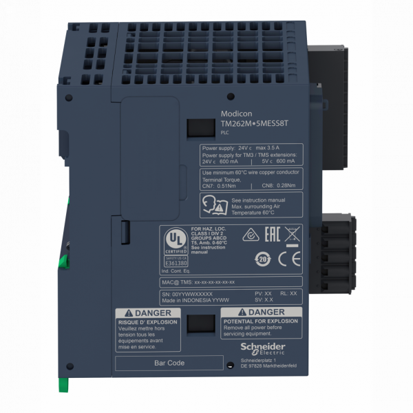 Modicon M262 - contrôleur logique et motion 8 axes - Ethernet RJ45 - 2 adr. IP - 8 E/S TOR - 24 V CC - 15...20 % - H100mmxL125mmxP90mm - limites de la tension d'alimentation : 20,4…28,8 V CC - puissance consommée par le PLC : 82 W - IP20 - visuel 3