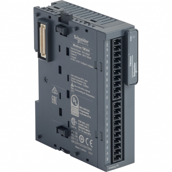 Modicon TM3 - module 4 entrées analogiques -10-0-10V, 0/4-20mA, vis - H90mmxL23,6mmxP70mm - compatible : Modicon M221, Modicon M241, Modicon M251, Modicon M262 - IP20 - visuel 2