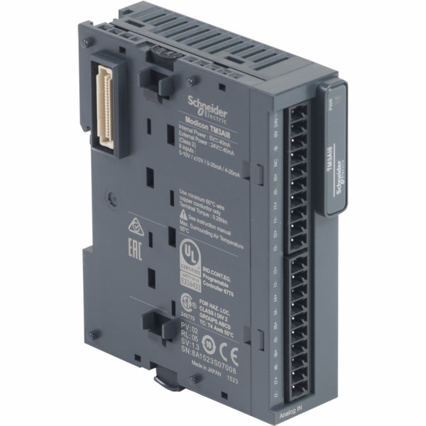 Modicon TM3 - module 8 entrées analogiques -10-0-10V, 0/4-20mA, vis - H90mmxL23,6mmxP70mm - modules d'ext. : 7 (local architecture E/S), 14 (distant architecture E/S) - compatib. : Modicon M221, Modicon M241, Modicon M251, Modicon M262 - visuel 2
