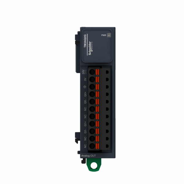 Modicon TM3 - module 2 sorties analogiques, -10-0-10V, 0/4-20mA, ressort - H90mmxL23,6mmxP70mm - compatible : Modicon M221, Modicon M241, Modicon M251, Modicon M262 - IP20 - visuel 1