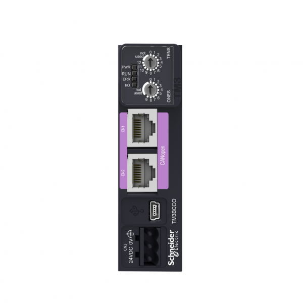 Modicon TM - module TM3 - pour module coupleur de bus CANopen - module E/S distribuées Opti - H96,5mmxL27mmxP70mm - connecteur : RJ45 2 liaison série connexion en série isolé, port USB Mini-B - IP20 - visuel 1