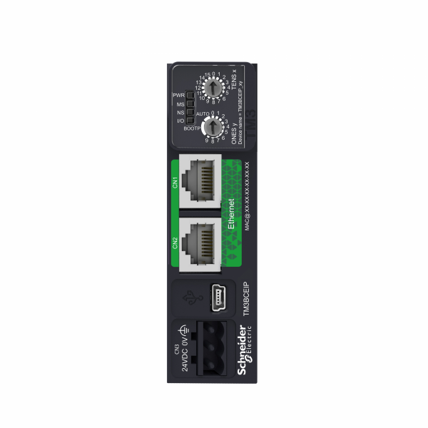 Modicon TM3 - coupleur de Bus pour extension en EthernetIP et ModBusTCP - connecteur RJ45 2 Ethernet connexion en série isolée, port USB Mini-B mode d'échange : half duplex, full duplex, autonégociation - vitesse de transm. : 10/100 Mbit/s - visuel 1