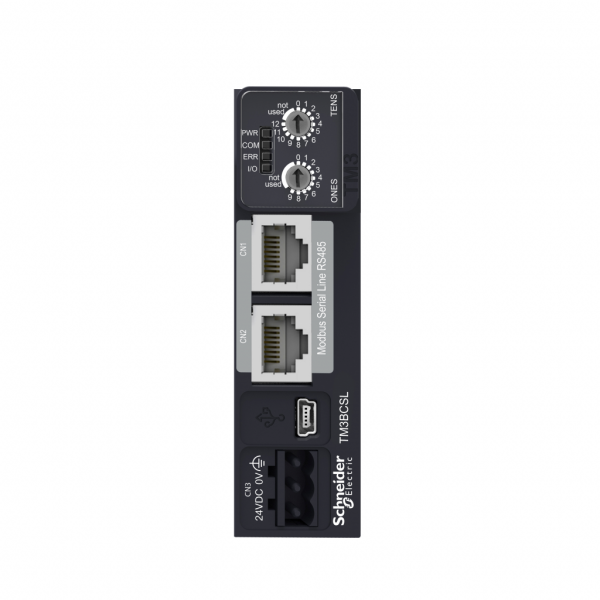 Modicon TM - module TM3 - pour module coupleur de bus Serial Line - module E/S distribuées Opti - H96,5mmxL27mmxP70mm - connecteur : RJ45 2 liaison série connexion en série isolé, port USB Mini-B - IP20 - visuel 1