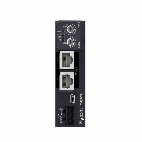Modicon TM - module TM3 - pour module coupleur de bus Serial Line - module E/S distribuées Opti - H96,5mmxL27mmxP70mm - connecteur : RJ45 2 liaison série connexion en série isolé, port USB Mini-B - IP20 - visuel 2