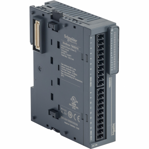 Modicon TM3 - module 16 entrées 24VCC, à vis - H90mmxL27,4mmxP84,6mm - compatibilité : Modicon M241, M251, M221, M262 - entrée logique : PNP ou NPN (positif/négatif) - courant d'entrée TOR : 7 mA pour entrée - IP20 - visuel 2