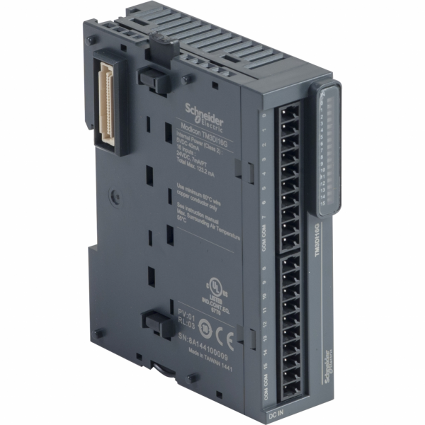 Modicon TM3 -module 16 entrées 24VCC, à ressort - H90mmxL27,4mmxP84,6mm - compatibilité : Modicon M241, M251, M221, M262 - entrée logique : PNP ou NPN (positif/négatif) - courant d'entrée TOR : 7 mA pour entrée - IP20 - visuel 2