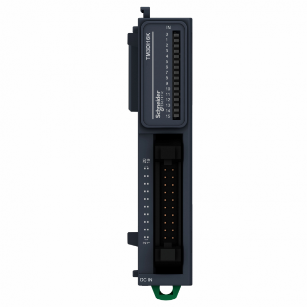 Modicon TM3 - module 16 entrées 24VCC, connecteur HE 10 - H90mmxL21,4mmxP81,3mm - compatibilité : Modicon M241, M251, M221, M262 - entrée logique : PNP ou NPN (positif/négatif) - courant d'entrée TOR : 5 mA pour entrée - IP20 - visuel 1