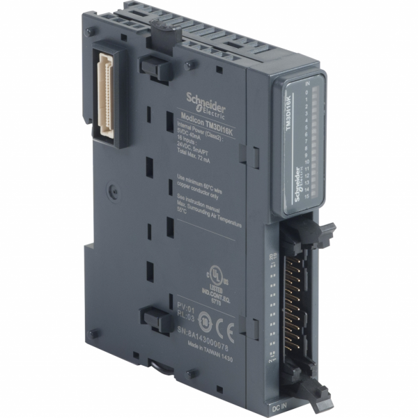 Modicon TM3 - module 16 entrées 24VCC, connecteur HE 10 - H90mmxL21,4mmxP81,3mm - compatibilité : Modicon M241, M251, M221, M262 - entrée logique : PNP ou NPN (positif/négatif) - courant d'entrée TOR : 5 mA pour entrée - IP20 - visuel 2