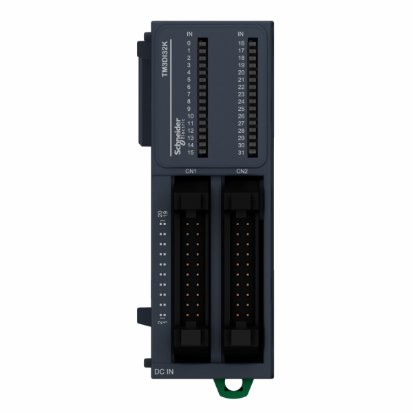 Modicon TM3 - module 32 entrées 24VCC, connecteur HE 10 - H90mmxL33,5mmxP81,3mm - compatibilité : Modicon M241, M251, M221, M262 - entrée logique : PNP ou NPN (positif/négatif) - courant d'entrée TOR : 5 mA pour entrée - IP20 - visuel 2