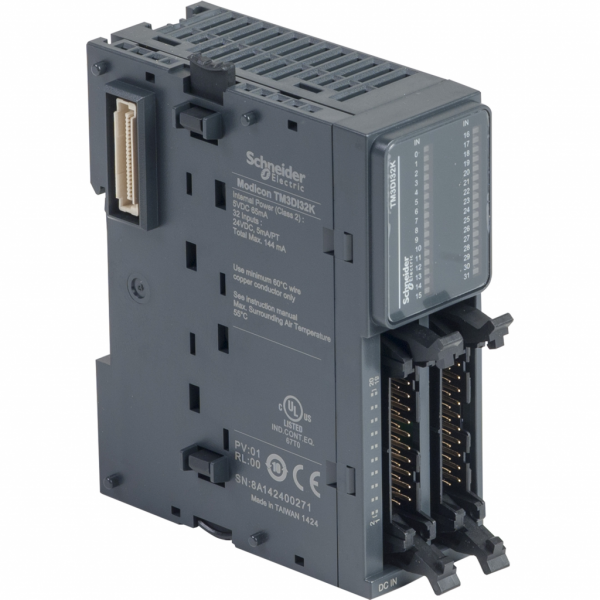 Modicon TM3 - module 32 entrées 24VCC, connecteur HE 10 - H90mmxL33,5mmxP81,3mm - compatibilité : Modicon M241, M251, M221, M262 - entrée logique : PNP ou NPN (positif/négatif) - courant d'entrée TOR : 5 mA pour entrée - IP20 - visuel 1