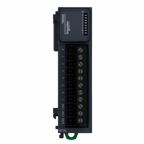 Modicon TM3 - module 8 entrées 24VCC, à vis - H90mmxL27,4mmxP84,6mm - compatibilité : Modicon M241, M251, M221, M262 - entrée logique : PNP ou NPN (positif/négatif) - courant d'entrée TOR : 7 mA pour entrée - IP20 - visuel 1