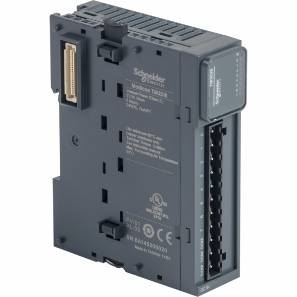 Modicon TM3 - module 8 entrées 24VCC, à vis - H90mmxL27,4mmxP84,6mm - compatibilité : Modicon M241, M251, M221, M262 - entrée logique : PNP ou NPN (positif/négatif) - courant d'entrée TOR : 7 mA pour entrée - IP20 - visuel 2