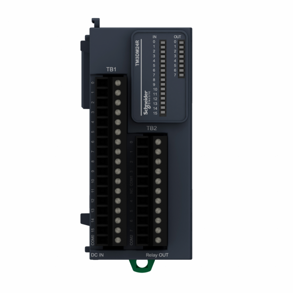 Modicon TM3 - module mixte 16 entrées 24VCC/8 sorties relais 2A, à vis - H90mmxL42,9mmxP84,6mm - compatibilité : Modicon M241, M251, M221, M262 - entrée logique : PNP ou NPN (positif/négatif) - courant d'entrée TOR : 7 mA pour entrée - IP20 - visuel 1