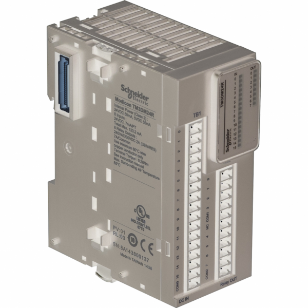 Modicon TM3 - module mixte 16 entrées 24VCC/8 sorties relais 2A, à vis - H90mmxL42,9mmxP84,6mm - compatibilité : Modicon M241, M251, M221, M262 - entrée logique : PNP ou NPN (positif/négatif) - courant d'entrée TOR : 7 mA pour entrée - IP20 - visuel 2
