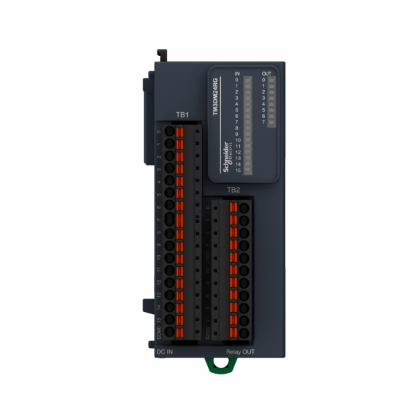 Modicon TM3 - module mixte 16 entrées 24VCC/8 sorties relais 2A, à ressort - H90mmxL42,9mmxP84,6mm - compat. : Modicon M241, M251, M221, M262 - entrée logique : PNP ou NPN (positif/négatif) - courant d'entrée TOR : 7 mA pour entrée - IP20 - visuel 1