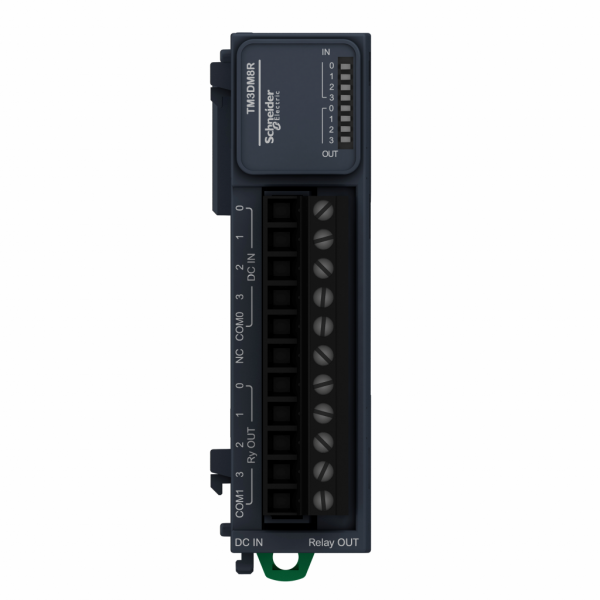 Modicon TM3 - module mixte 4 entrées 24VCC/4 sorties relais 2A, à vis - H90mmxL27,4mmxP84,6mm - compatibilité : Modicon M241, M251, M221, M262 - entrée logique : PNP ou NPN (positif/négatif) - courant d'entrée TOR : 7 mA pour entrée - IP20 - visuel 1
