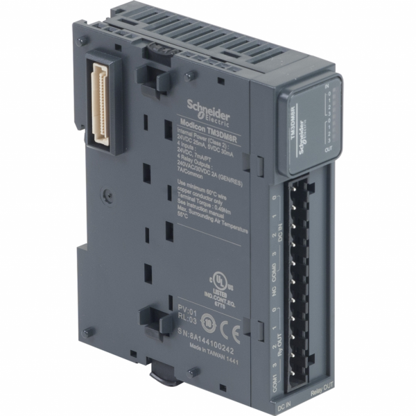Modicon TM3 - module mixte 4 entrées 24VCC/4 sorties relais 2A, à vis - H90mmxL27,4mmxP84,6mm - compatibilité : Modicon M241, M251, M221, M262 - entrée logique : PNP ou NPN (positif/négatif) - courant d'entrée TOR : 7 mA pour entrée - IP20 - visuel 2
