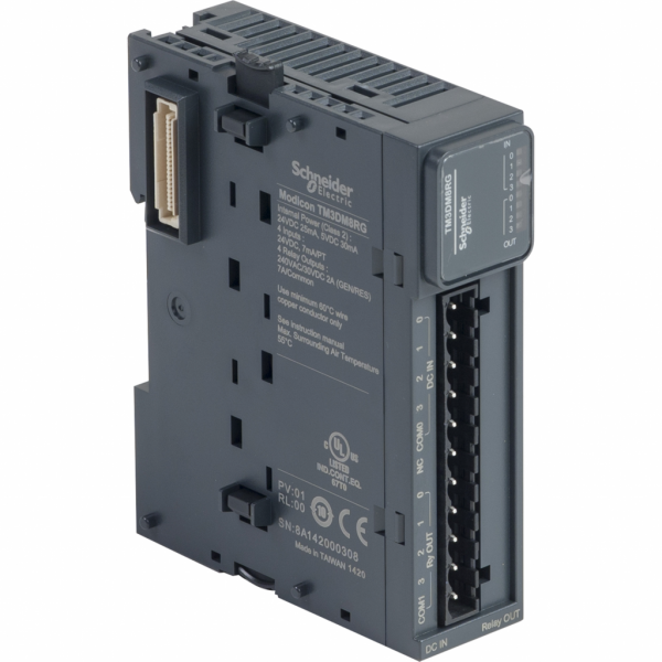 Modicon TM3 - module mixte 4 entrées 24VCC/4 sorties relais 2A, à ressort - H90mmxL27,4mmxP84,6mm - compatibilité : Modicon M241, M251, M221, M262 - entrée log. : relais normalement ouvert - courant d'entrée TOR : 7 mA pour entrée - IP20 - visuel 2