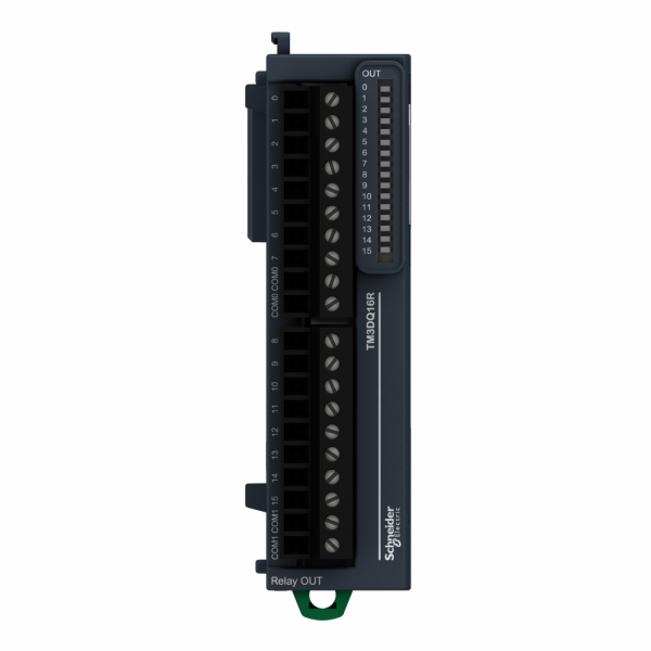 Modicon TM3 - module 16 sorties TOR, relais 2A, à vis - H90mmxL27,4mmxP84,6mm - compatib.: Modicon M241, M251, M221, M262 - logique de sortie : positif, négatif - tension de sortie logique : 240 V CA, 30 V CC pour sortie relais - IP20 - visuel 1