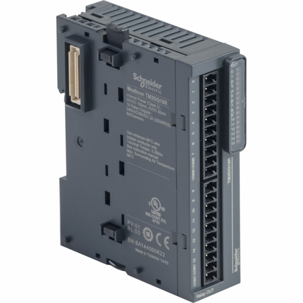 Modicon TM3 - module 16 sorties TOR, relais 2A, à vis - H90mmxL27,4mmxP84,6mm - compatib.: Modicon M241, M251, M221, M262 - logique de sortie : positif, négatif - tension de sortie logique : 240 V CA, 30 V CC pour sortie relais - IP20 - visuel 2
