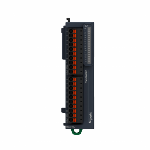 Modicon TM3 - module 16 sorties TOR, relais 2A, à ressort - H90mmxL27,4mmxP84,6mm - compatib.: Modicon M241, M251, M221, M262 - logique de sortie : positif, négatif - tension de sortie logique : 240 V CA, 30 V CC pour sortie relais - IP20 - visuel 1