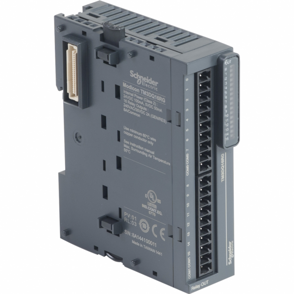 Modicon TM3 - module 16 sorties TOR, relais 2A, à ressort - H90mmxL27,4mmxP84,6mm - compatib.: Modicon M241, M251, M221, M262 - logique de sortie : positif, négatif - tension de sortie logique : 240 V CA, 30 V CC pour sortie relais - IP20 - visuel 2