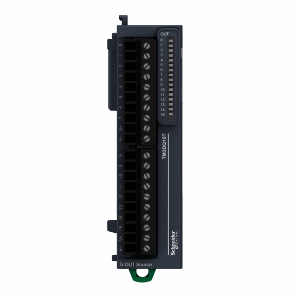 Modicon TM3 - module 16 sorties TOR, PNP 0,5A, à vis - H90mmxL27,4mmxP84,6mm - compatib.: Modicon M241, M251, M221, M262 - logique de sortie : positive (PNP) - tension de sortie logique : 24 V Ca pour sortie transistor - IP20 - visuel 1